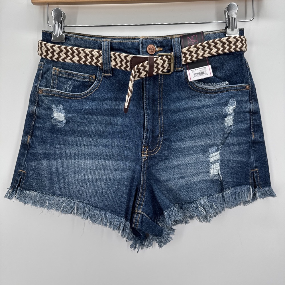 No Boundaries Belted Festival Denim Shorts Size 7 Distressed Frayed Hem Blue